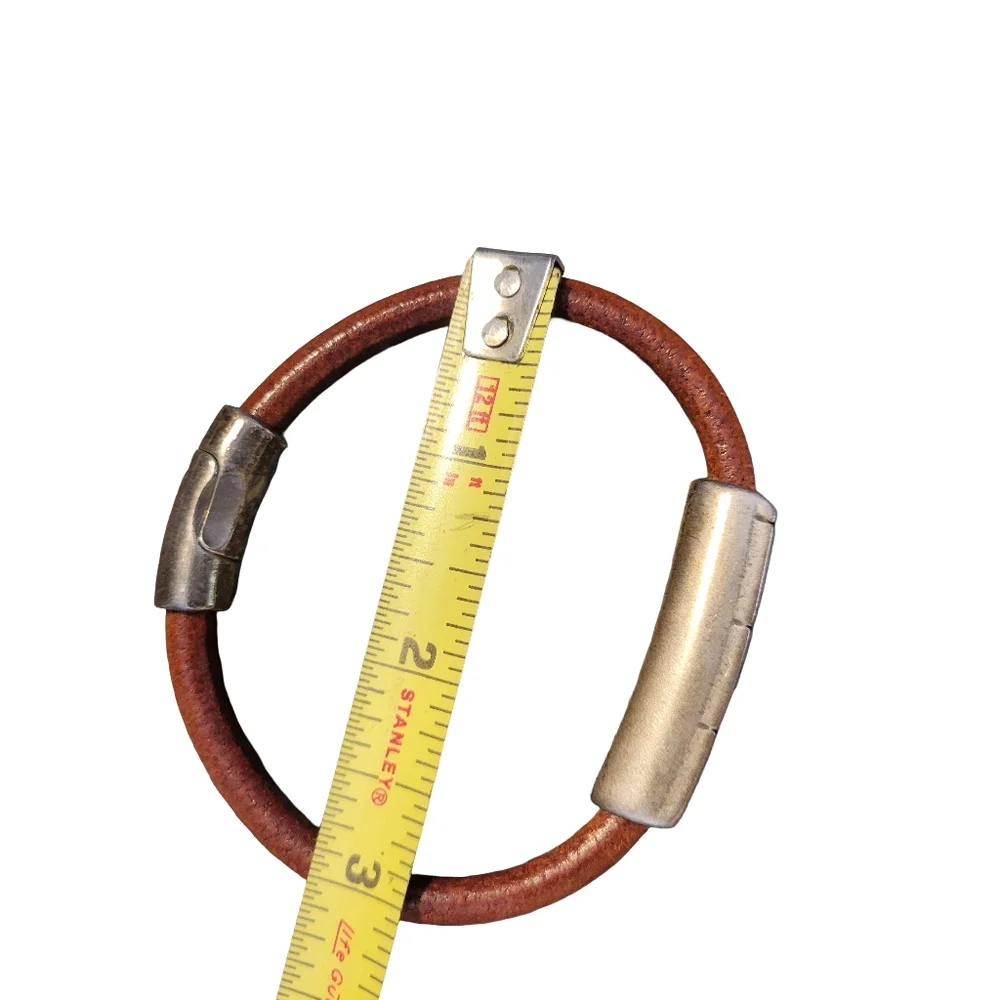 Brown Leather Greek Key Meander Magnetic Closure Cuff Bracelet OS